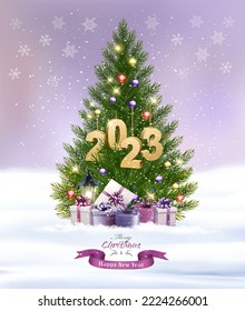 Merry Christmas and Happy New Year background with Christmas tree and colorful gift boxes and golden letters 2023. Vector.