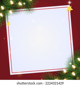 Merry Christmas and happy new year and empty frame on a red background. Merry Christmas with fir branches and Christmas lights. Winter holiday Christmas and new year background. Vector illustration