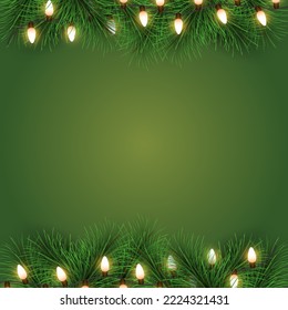 
Merry Christmas and happy new year on green background. Merry Christmas with Christmas light and fir branches. Winter holiday for Christmas and new year background. Vector illustration.
