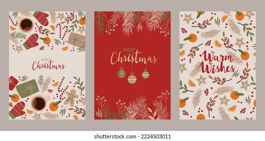 Merry Christmas and Happy New Year set of greeting cards. Design templates for social media, seasonal sale banner, poster