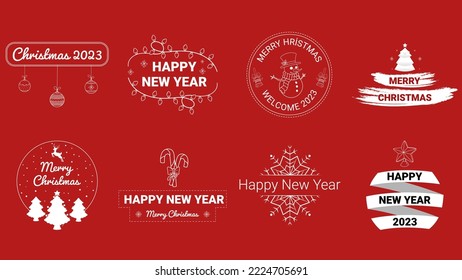 Merry Christmas and happy new year wishes labels and badges set vector illustration. Typographic decoration objects, symbols, ribbons and ornate elements. 