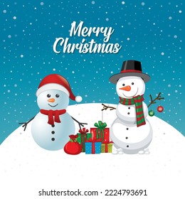 Merry Christmas and Happy New Year! Santa Claus and snowman with big signboard. Holiday greeting card. Isolated vector illustration.