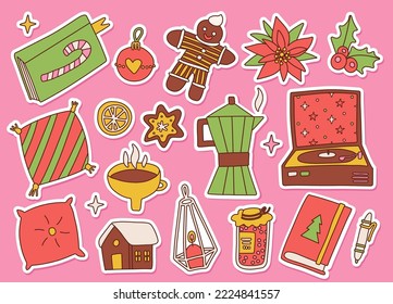 Merry Christmas and happy New Year stickers collection in 60s 70s retro style. Groovy winter holiday elements. Positive hippie xmas icons. Vintage home cozy things. Vector contous illustration