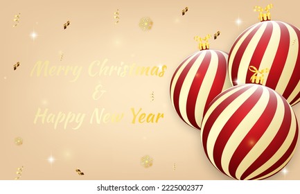 Merry Christmas and happy new year background. Merry Christmas with Christmas balls and confetti. Winter holiday Christmas and new year background. Vector illustration.