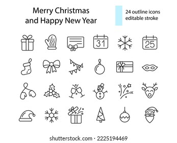 Merry Christmas and Happy New Year outline icons collection. Santa Claus and gift box. Deer, garland and snowflake. Season winter holiday. Editable stroke. Isolated vector stock illustration