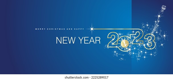 Merry Christmas and Happy New Year 2023 gold clock firework midnight countdown celebrations blue background greeting card