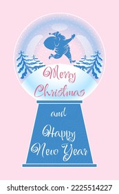 Merry Christmas and Happy New Year greeting card, poster, holiday cover. Illustration of a glass ball with snow, Santa Claus and fir trees