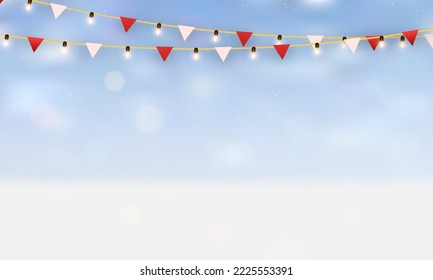 Merry Christmas and happy new year on winter background. Merry Christmas with flags party, garland. Winter holiday Christmas and new year background. Vector illustration 