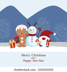 Merry Christmas and Happy New Year greeting card. Snowman, gnome and gingerbread man in the winter forest. Holiday concept.
