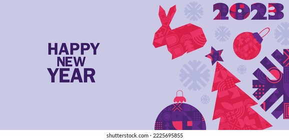 Merry Christmas and Happy New Year banner. Trendy modern Xmas design with abstract geometric elements, Christmas tree, snowflake, bunny, rabbit. Horizontal poster, greeting card, sale banner website