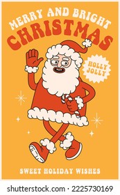 Feliz Navidad y Feliz Año Nuevo. Santa Claus al estilo de los dibujos animados retro de moda. Tarjetas de felicitación, plantilla, carteles, impresiones, invitaciones a fiestas y fondos. Colores rojos y rosas.