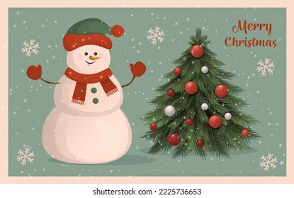 Merry Christmas and Happy New Year Postcard or poster or flyer template. Cheerful snowman with a Christmas tree. Christmas card in vintage style. Snowman cartoon character.