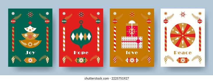 Merry Christmas and Happy New Year Set of greeting cards, posters, holiday covers. Modern xmas design with geometric elements, Christmas tree, ball, star, snowflake, gift, toy, candy, holiday wishes