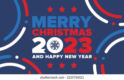 Merry Christmas and Happy New Year 2023. Magic holiday poster with snowflake. Winter celebration event. Christmas party. Congratulation card. Festive design template. Vector illustration