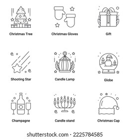 Merry Christmas and Happy new year holidays flat style collection icons set. Gingerbread man, Santa Claus, deer, candy, gift, ball, Christmas tree, mistletoe, stockings etc. Vector illustration.