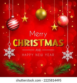merry christmas and happy new year square banner and social media post template design with christmas balls in red background.eps