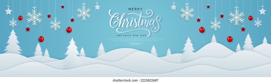 Merry Christmas   Happy New Year horizontal banner in paper cut style  Winter landscape and christmas balls   snowflake  stars hanging ribbon  Merry Christmas text calligraphy lettering design