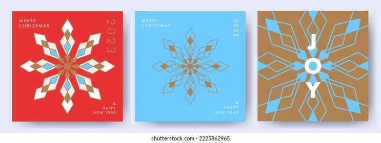 Merry Christmas and Happy New Year banner or greeting card Set. Trendy modern Xmas design with typography and modern beautiful simple geometric snowflakes. Minimal poster, cover, social media template