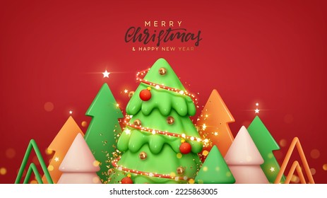 Merry Christmas and Happy New Year background with colorful bright abstract geometric cone shaped Christmas trees. Festive greeting card, Xmas holiday bannner, web border poster. Vector illustration