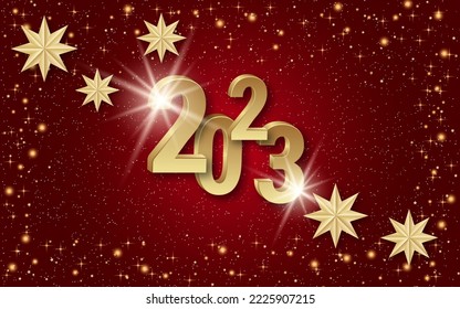 Merry Christmas and Happy New Year vector illustration. Dark red gradient background with stars, snowflakes and 2023 3d lettering