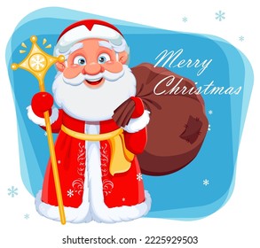 Merry Christmas and Happy New Year greeting card. Father Frost with big bag. Russian Santa Claus. 