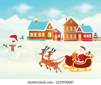 Merry Christmas and happy new year greeting card design with Santa Claus on sleigh Cozy Winter Illustration 