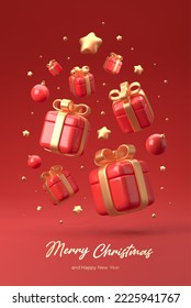 Merry Christmas and Happy New Year festive composition. Colorful Xmas background with realistic 3d trees and gift boxes. Vector illustration