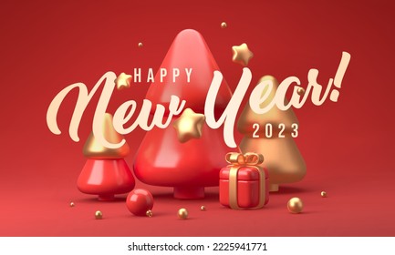 Merry Christmas and Happy New Year festive composition. Colorful Xmas background with realistic 3d trees and gift boxes. Vector illustration