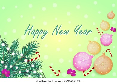  Merry Christmas and Happy New Year Banner with Xmas Tree Branches, yellowy and pink Christmas  balls , garland, Candy and Bright green Background. Winter holiday template design, greeting card poster