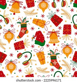 Merry Christmas and happy New Year seamless vector pattern. Holiday symbols - gifts, jingle bells, snowflakes, toys, Santa Claus hat. Flat cartoon background for wallpaper, prints, posters, cards, web