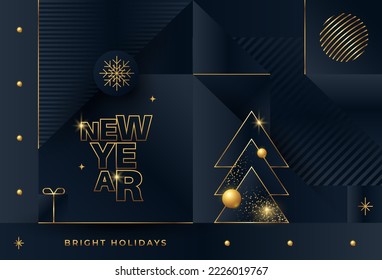 Merry Christmas and Happy New Year greeting card. Modern Xmas design holiday background with golden decoration. Vector illustration