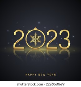 Merry christmas and happy new year 2023 banner template hanging stars, snow and golden glitter balls decoration for flyers, poster, web and card vector illustration