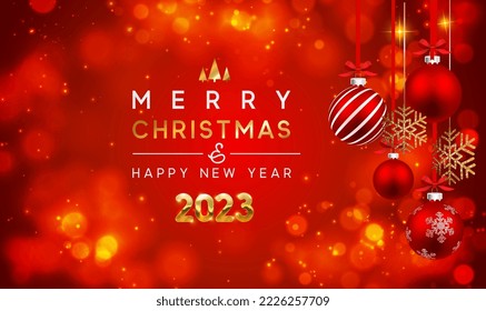 Merry Christmas and Happy New Year 2023 on blurred red background. Red Background Xmas design of realistic christmas balls and golden snowflakes. Christmas, New Year poster, greeting cards. Vector