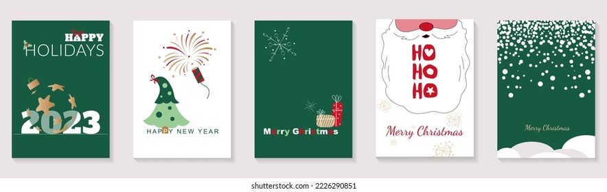 Merry Christmas and Happy New Year 2023 brochure covers set. Xmas minimal banner design with festive tree, balls, fireworks, Santa Claus beard. Vector illustration for flyer, poster or greeting card.