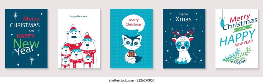Merry Christmas and Happy New Year 2023 brochure covers set. Xmas minimal banner design with polar bears in hats, cat with gift, cute reindeer. Vector illustration for flyer, poster or greeting card.