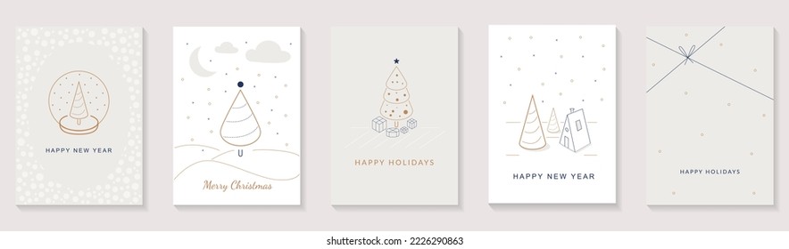 Merry Christmas and Happy New Year 2023 brochure covers set. Xmas minimal elegant banner design with festive trees with gifts and white snow. Vector illustration for flyer, poster or greeting card.