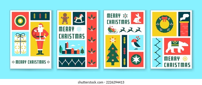 Merry Christmas and Happy New Year greeting card. Creative posters with geometric composition of holiday's symbols. Flat style, geometry, mosaic, modern concept. Vector Illustration