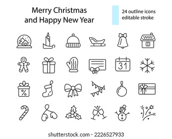 Merry Christmas and Happy New Year outline icons collection. Firework, snowman and socks. Santa Claus and bell. Present, bow and snowflake. Season winter holiday. Editable stroke. Isolated vector stoc