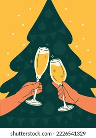 Merry Christmas and happy New Year poster or banner. Cheers or festive toast with champagne on background of silhouette of Christmas tree. Hands with alcohol drinks. Colorful flat vector illustration