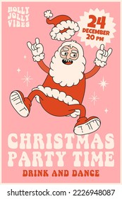 Merry Christmas and Happy New year. Santa Claus, party time in trendy retro cartoon style. Greeting cards, template, posters, prints, party invitations and backgrounds. Red and pink colors.