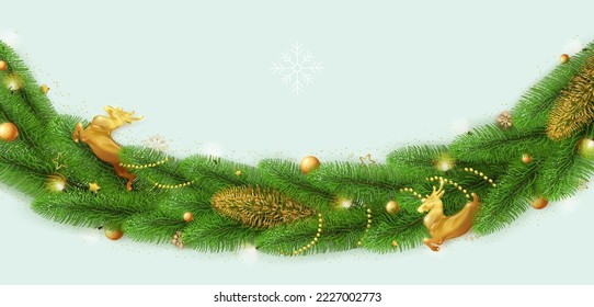 Merry Christmas and Happy New Year decoration, pine tree branches. Creative luxury design, realistic vector illustration.