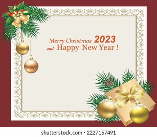 Merry Christmas and Happy New Year 2023. Christmas background with realistic gift box, golden bells, balls on fir branches. Festive poster with an ornament for your text. 3d vector illustration