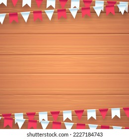 Merry Christmas and happy new year empty frame on wood background. Merry Christmas with flag party and garland. Christmas and new year background holiday. Vector illustrator.