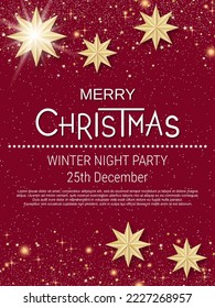 Merry Christmas and Happy New Year vector illustration. Red background with stars, snowflakes and winter decor. Flyer, invitation card, booklet template