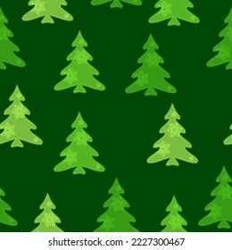 Merry Christmas, Happy New Year seamless pattern with Christmas trees for greeting cards, wrapping paper.  Doodles. Seamless colorful winter pattern on black background. Vector illustration.