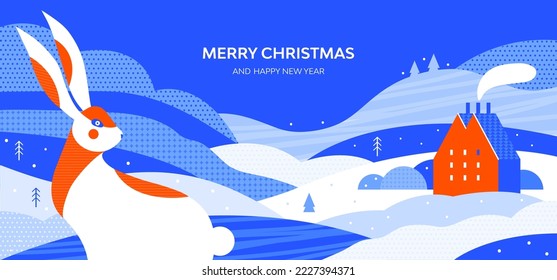 Merry Christmas and happy New year horizontal banner. Winter landscape of countryside with cozy house. Cute hare among snowy hills, snowdrifts, trees. Chinese zodiac Rabbit symbol. Vector illustration