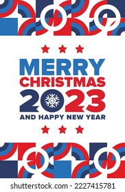 Merry Christmas and Happy New Year 2023. Magic holiday poster with snowflake. Winter celebration event. Christmas party. Congratulation card. Festive design template. Vector illustration