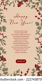 Merry Christmas   Happy New Year vertical greeting card and hand drawn holly berries   mistletoe brunch  Social media stories template  Vector illustration in sketch style