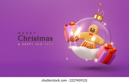 Merry Christmas and Happy New Year. Christmas ornaments glass transparent balls with gingerbread man side on the snow, purple gift boxes are falling. Holiday Xmas background. vector illustration