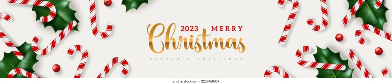 Merry Christmas Happy New Year poster banner with candy cane and holly leaves, red berries on white background. Vector illustration. Border header for Xmas sale, 2023 gift card concept template